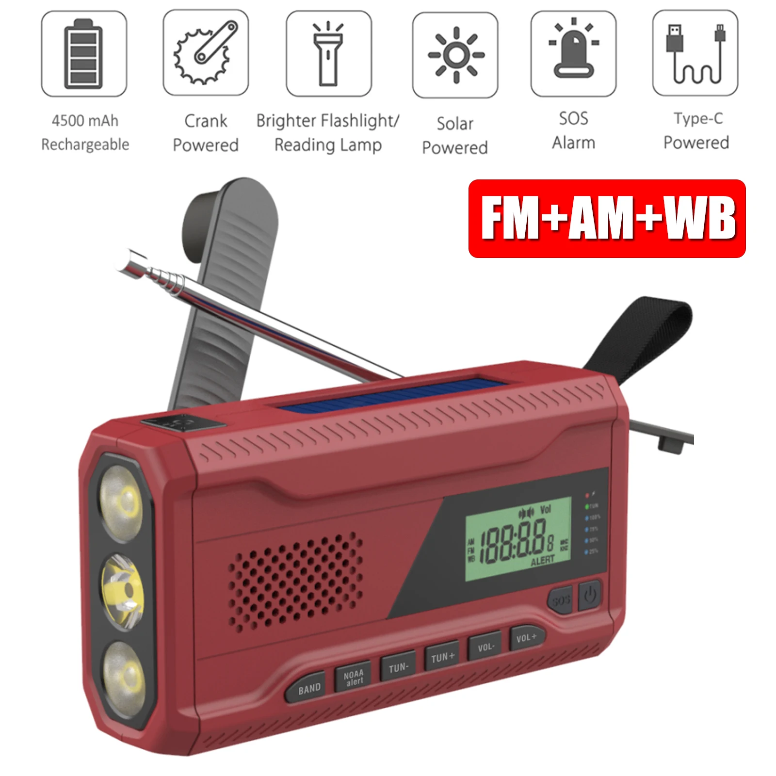 

Portable AM/FM/NOAA Radio Emergency Solar Powered Hand Crank Dynamo Radio Outdoor 4500mAh Power Bank with Flashlight/SOS Alert