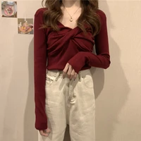 vintage cross v neck womens sweater solid color slim top women korean fashion knitted womens long sleeve top springautumn