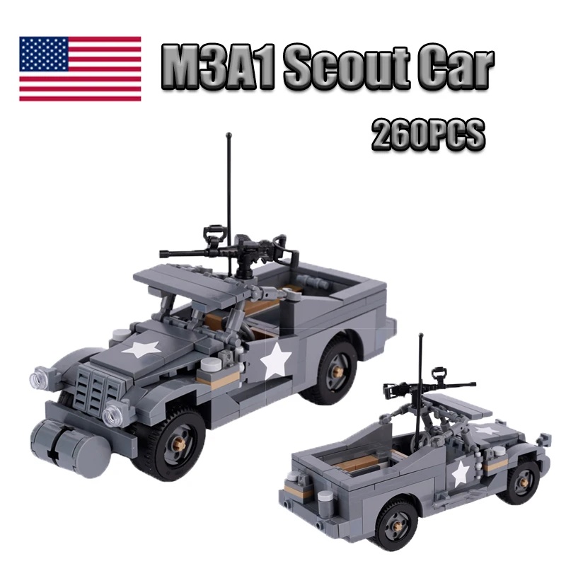 

MOC WW2 Military Armored Vehicle Model US M3A1 Scout Car Tank Building Blocks Army Soldier Figures Bricks Children Toys Gifts