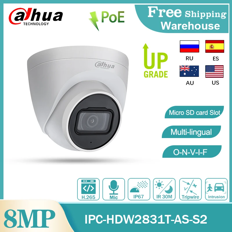 

Dahua 8MP Surveillance Camera IPC-HDW2831T-AS POE Microphone SD Card Slot H265 IP67 IVS Starlight CCTV Outdoor Video Dome Camera