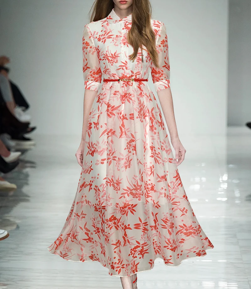 

Red flower print women dress fashion Turn-down Collar long sleeve dresses G7513