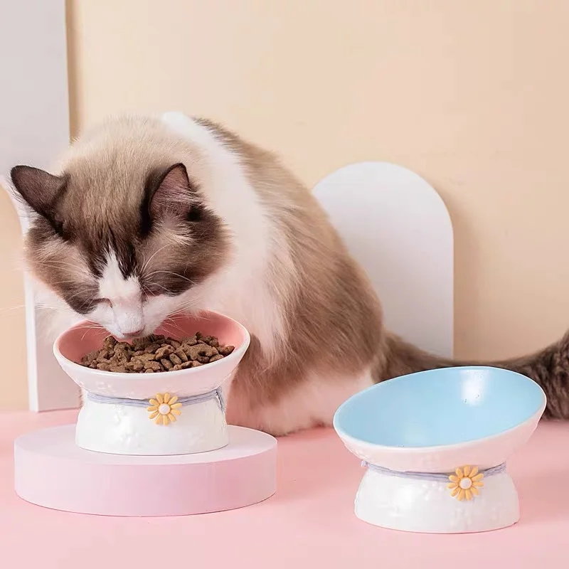 

New Pet Supplies Ceramic Cat Bowl High Feet Cute Cat's Ears Feeder Protecting The Cervical Spine Pet Bowls for Puppy Dog Cat