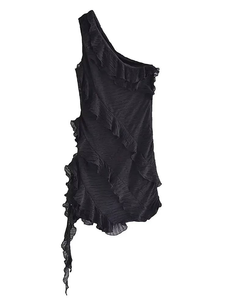 

TRAF 2023 Summer New Fashion Elegant Street Style Sexy Off Shoulder Asymmetrical Pleated Black Backless Mini Slim Dress