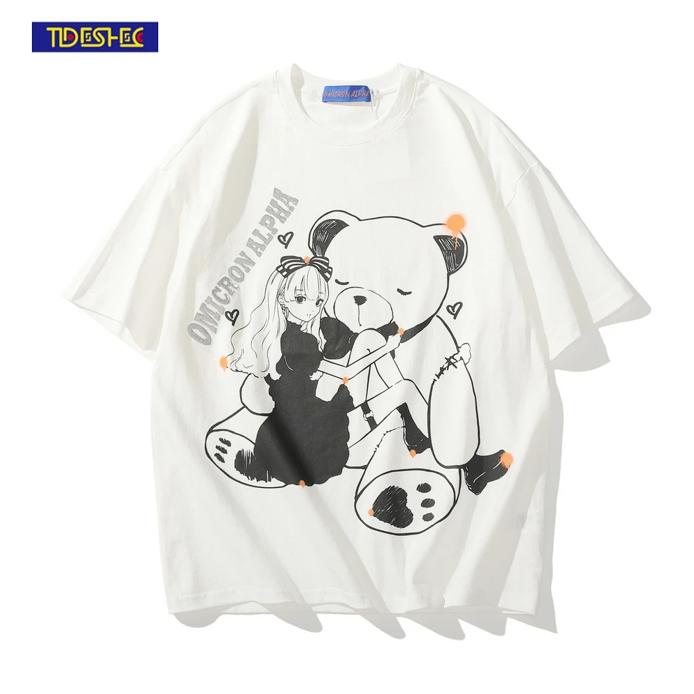 

Hip Hop Street T-Shirt Men Oversized Short Sleeves 2022 Summer Cartoon Girl and Bear Printed T Shirt Harajuku Mens Tee Tops