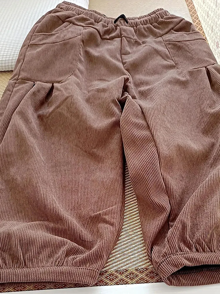 Мешковатые вельветовые утепленные шаровары зимние женские с высокой талией