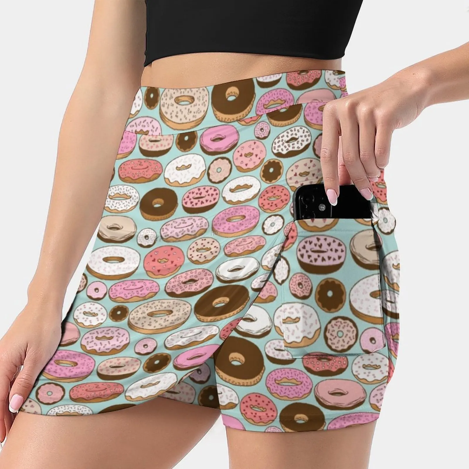 

Donuts Forever Skirts Woman Fashion 2022 Pant Skirt Mini Skirts Office Short Skirt Donuts Doughnuts Food Pattern Aqua Teal