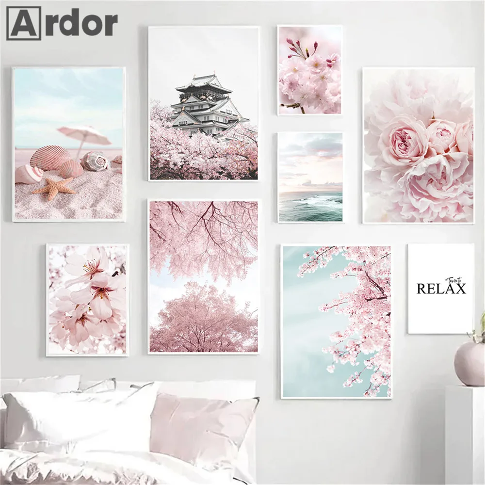 

Pink Beach Starfish Shell Wall Art Poster Sea Wave Canvas Painting Cherry Print Flower Posters Nordic Wall Pictures Home Decor
