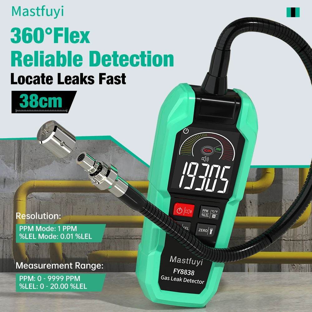 Фото MASTFUYI FY8838 Профессиональный детектор утечки газа 0-9999PPM - Портативный детектор горючего газа для метана LNG Аудио Визуальная сигнализация №3