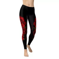 sporting new style women push up skinny polyester leggings red rose pattern printing elastic force fitness leggings