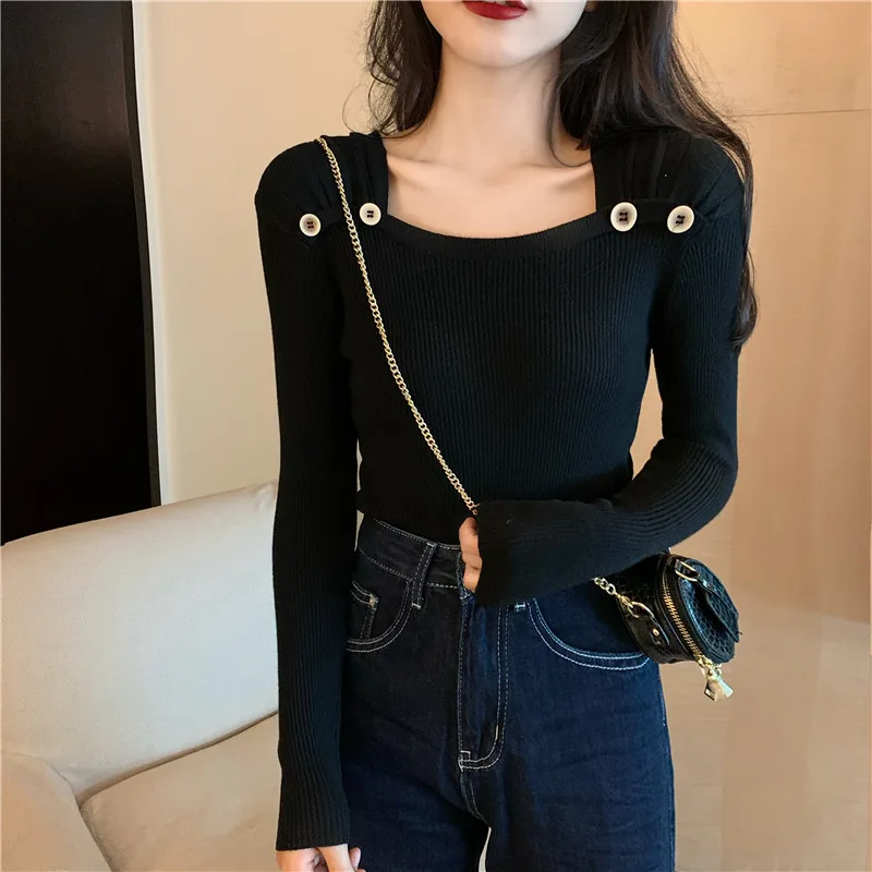 

Top women Autumn Korean Style square collar Short Knitted Sweaters Women Thin Cardigan Fashion Open Front Button Up long Sleeve