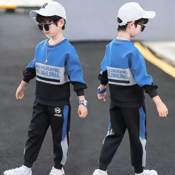 

2023 autumn winter Boys Tracksuit velvet Children patchwork letters Cotton T-Shirt + Pants Suit Clothes children Set 12 14 Y