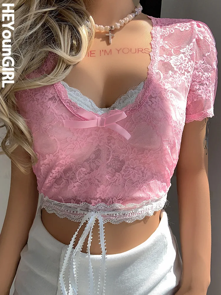 

HEYounGIRL Cute Lace Women Drawstring Crop Tops See Through Y2K Floral Short Sleeve Bow Tee Shirts Female Casual T-shirt Sweet