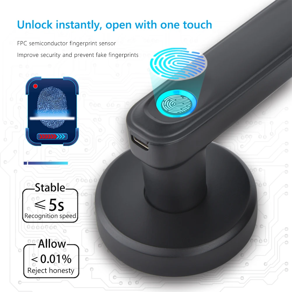 

Tuya APP Fingerprint Security Handle Lock USB Charging Fingerprint Lock Battery Powered with 2 Keys Keyless Entry for Apartment
