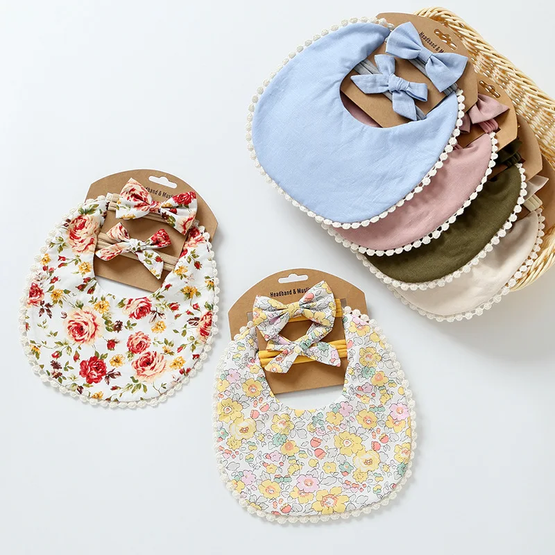 

Girl Baby Lace Bow Flower Print Bibs Boy Infant Simple Cotton Solid Feeding Saliva Towel Newborn Burp Cloths Scarf Kid Soft Bib