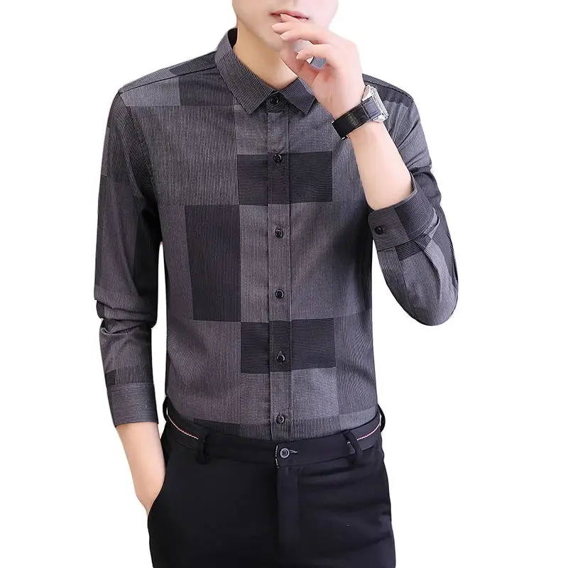 

Men's Spring Business Casual Slim Stitching Plaid Long Breathable Comfort Sleeve Shirt Lapel Comfort Large Size M-4XL Shirt 2022