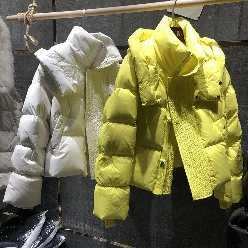 

Женский пуховик с капюшоном, Короткая свободная куртка на белом утином пуху с воротником-стойкой, теплый пуховик желтого и черного цвета, новинка зимы 2023