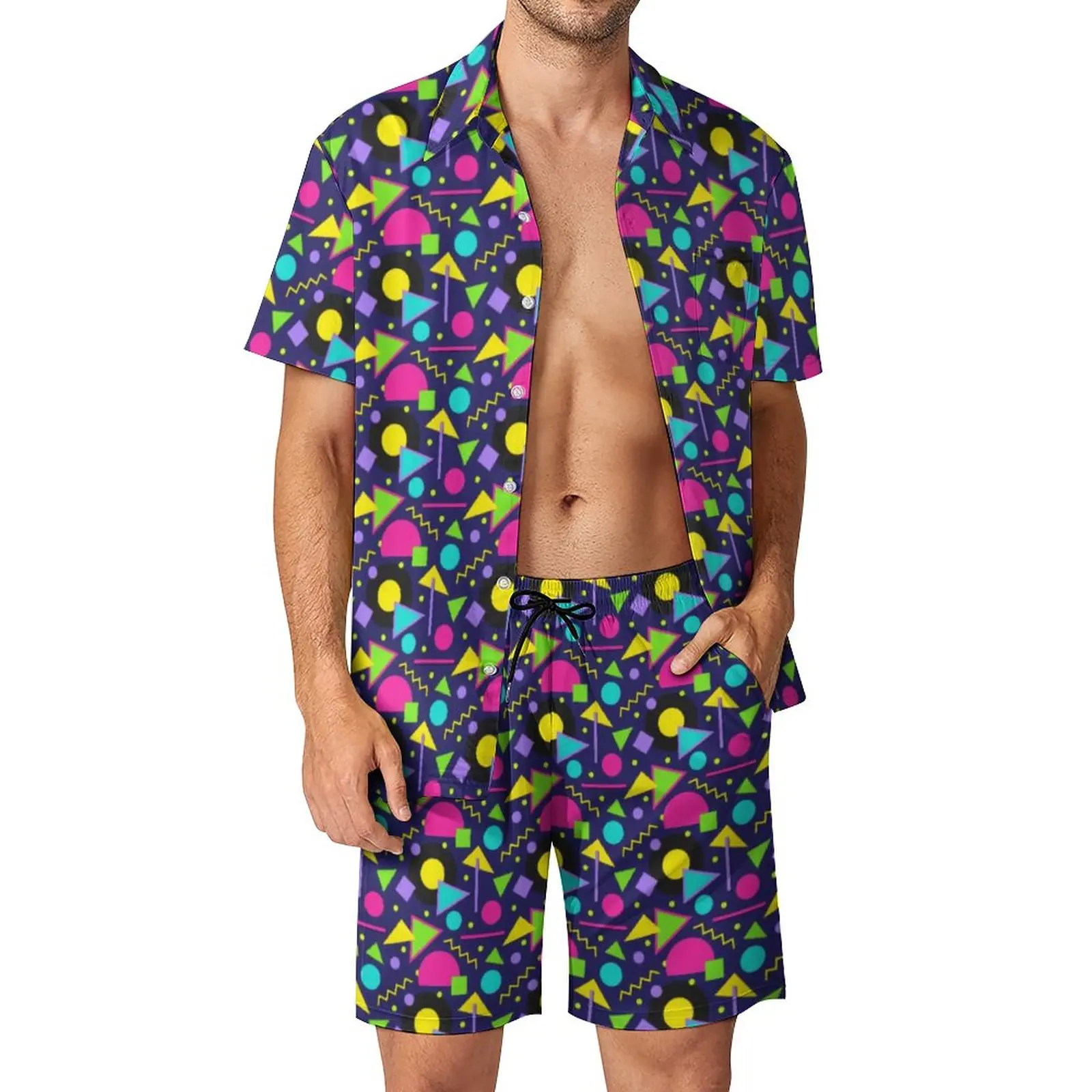 

80S Neon Shapes Outdoor Men Sets Vintage Pattern Casual Shirt Set Summer Shorts Two-piece Fashion Suit 2XL 3XL