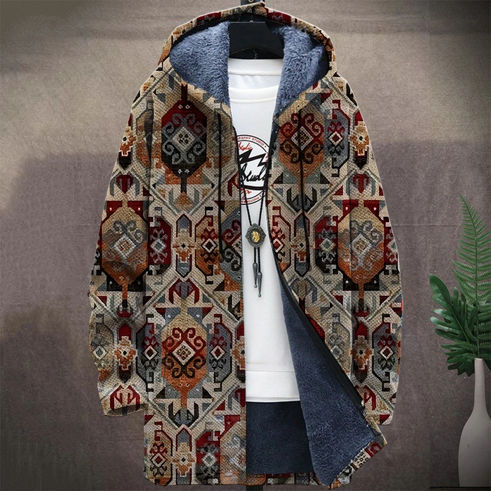 Men'S Native Retro Aztec Block Graphic Winter Coat Print Pattern Knitted Sweater Cardigan Zipper Hooded Thick Fleece For Youth