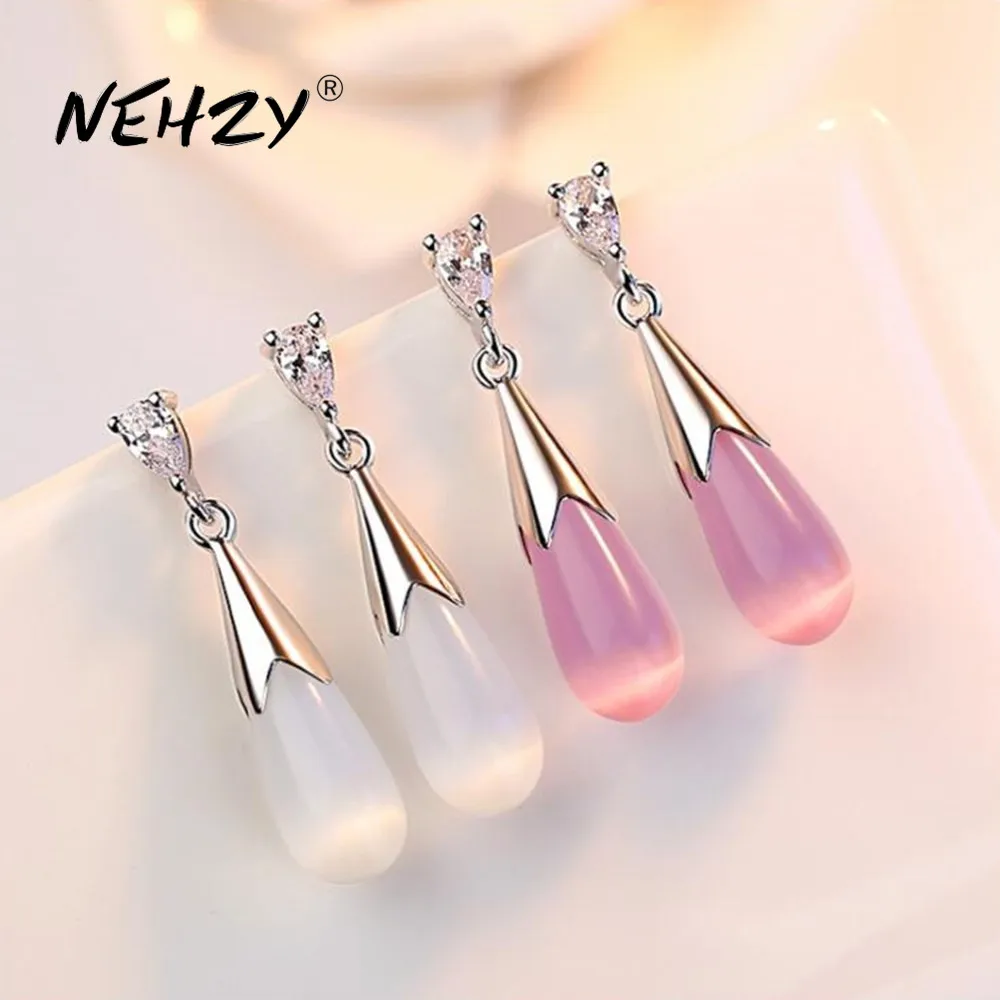 

NEHZY Silver plating earrings jewelry high quality retro simple heart-shaped pink white agate Zircon earrings hot sale