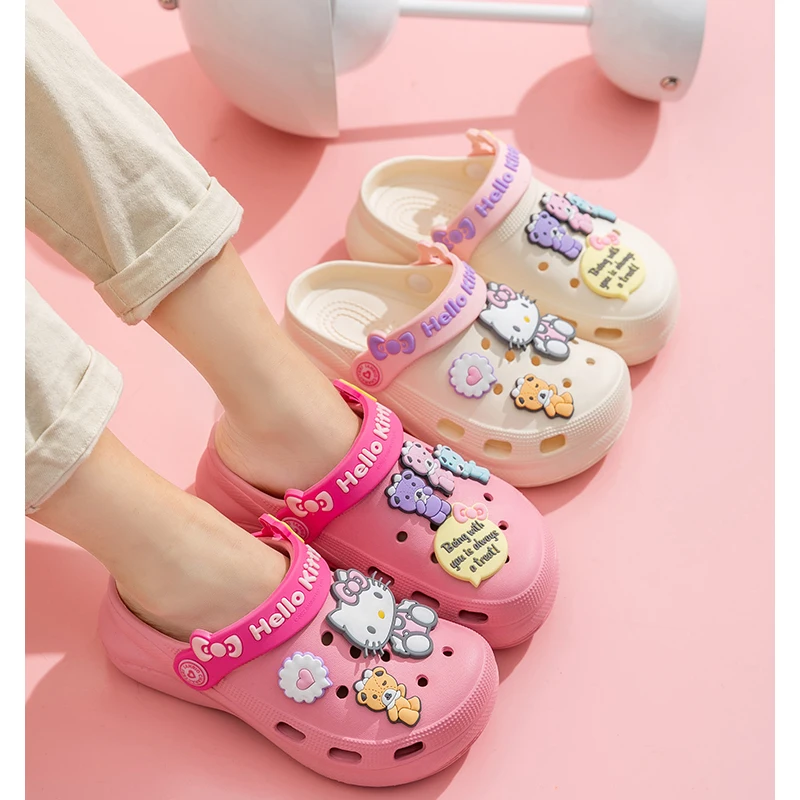 

Kawaii Sanrioed/летние сандалии с мультяшным принтом «HelloKittys»; Детская обувь для малышей; Baotou; Детская обувь с дырками; Сандалии «KT Cat»; Пляжная обув...