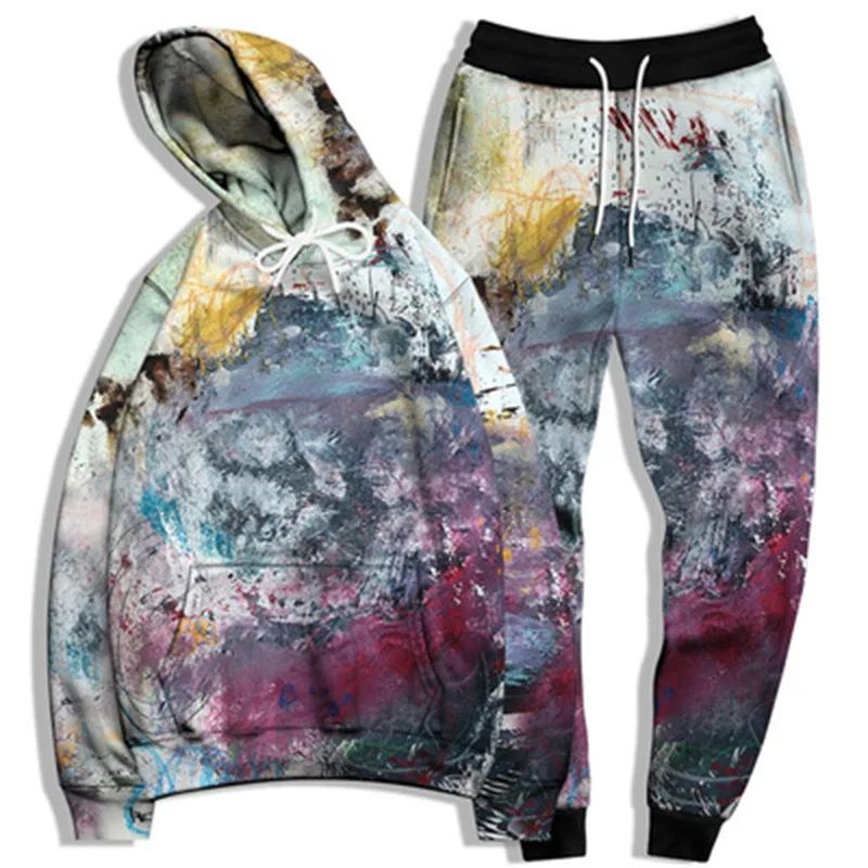 

Autumn Men's New Trend Harajuku Style Color Hand-painted Pattern 3D Printing Men's Casual Hooded Sweater Two-piece Set