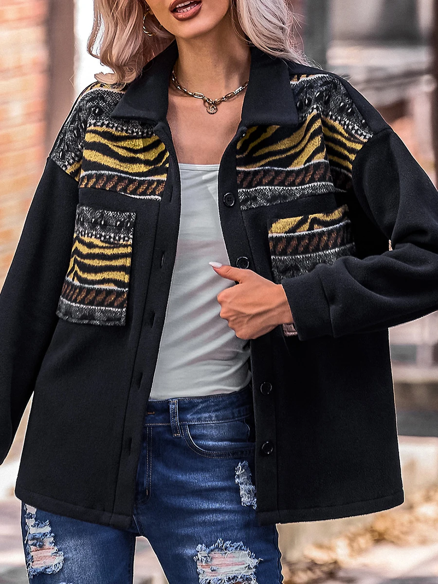 

Women Fall Jacket Patchwork Lapel Long Sleeves Button-Up Casual Outwear for Females Black/Apricot/Gray