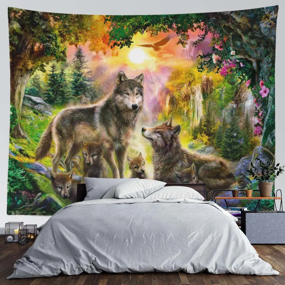 

Wolf Animal Tapestry Wall Hanging Boho Home Decor Aesthetic Mandala Hippie Moon Room Hanging Cloth Blanket Bedroom Decoration