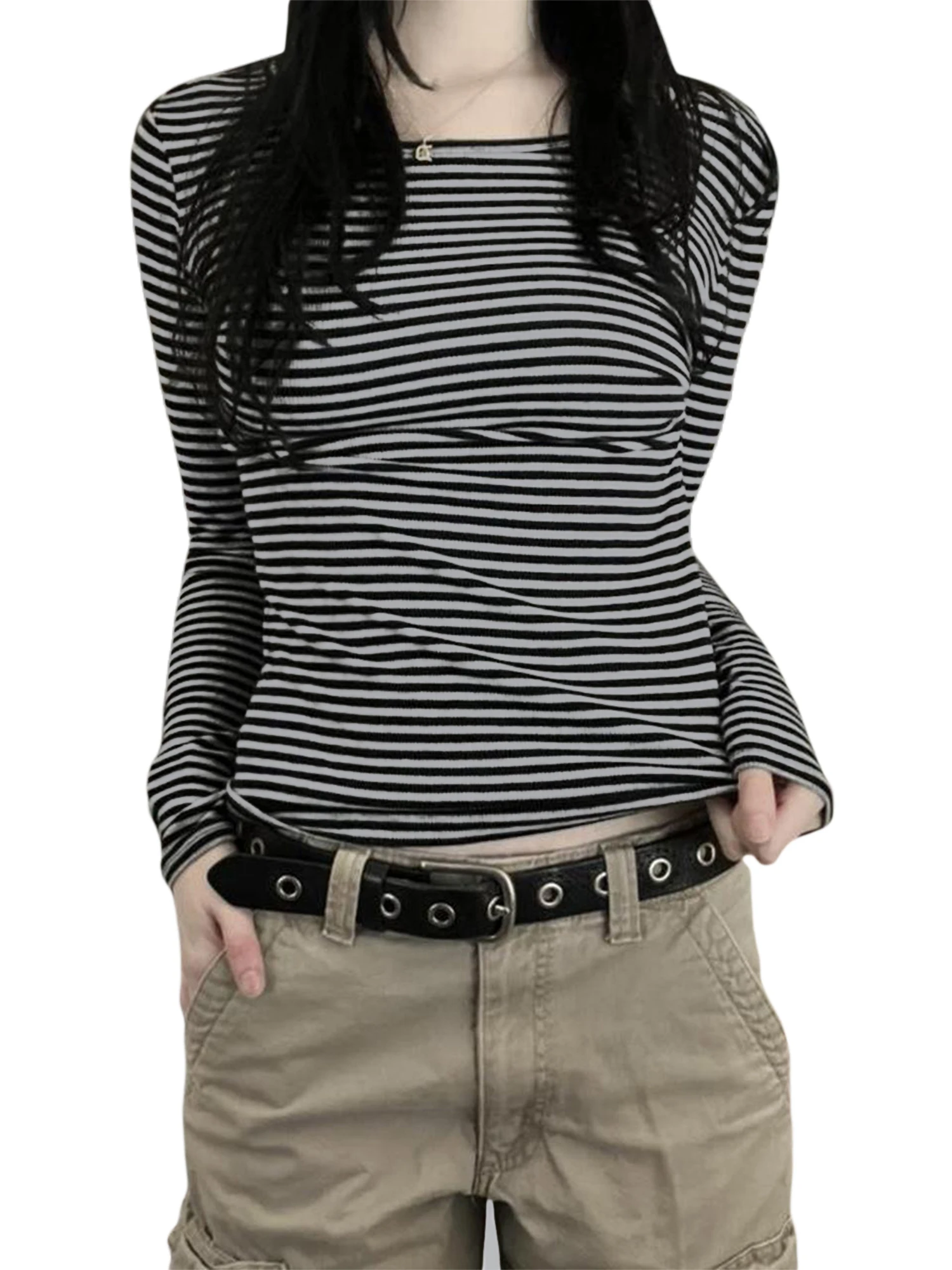 

Y2k Fairy Grunge Tops Patchwork Tshirt Long Sleeve Graphic Printed Tee Pullover Slim Blouse Top Vintage Streetwear(Black Grey