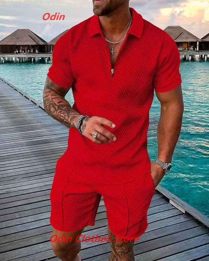 

New Summer Oversized Men's Tracksuit Solid Color Short Sleeve Zipper Polo Shirt&Shorts Set Male Casual Streetwear 2-piece Suit