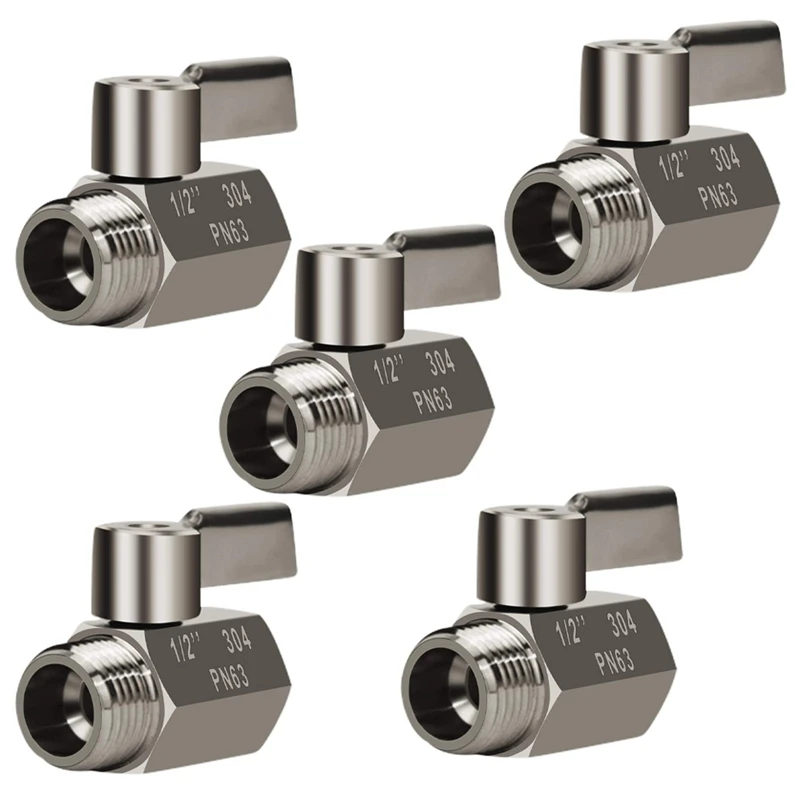 

5X 304 Stainless Steel Mini Ball Valve(1/2 Inch Female X Male) NPT Thread, Water Flow Regulator Head Control Valve