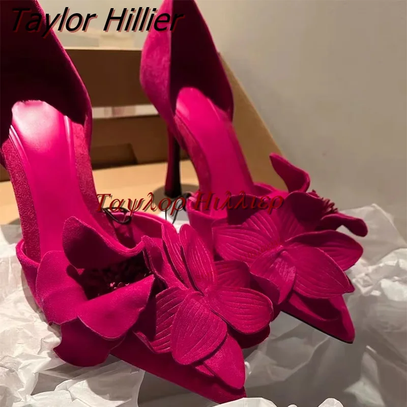 

Женские туфли на высоком каблуке, розово-красные туфли-лодочки на шпильке, украшенные цветами, весна 2023