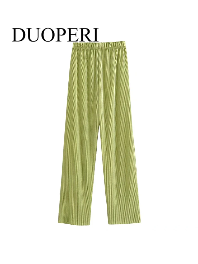 

DUOPERI Women Fashion Green Pleated Pants With Pockets High Waist Vintage Female Trousers Mujer Chic Outfits