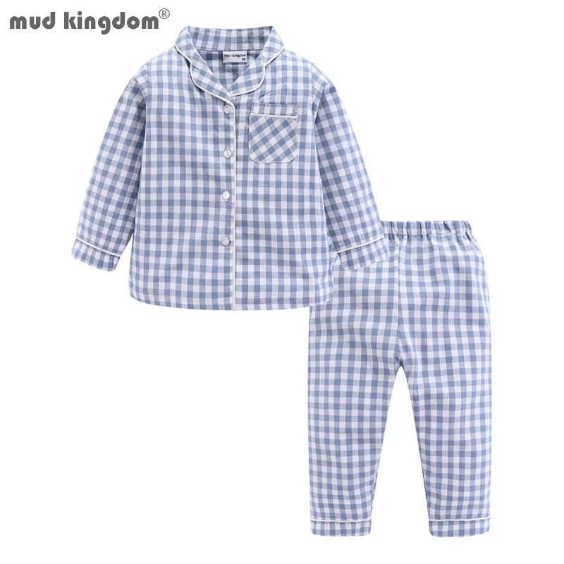 Mudkingdom Boys Girls Long Sleeve Pajamas Set Collared Plaid Autumn Cute Toddler Pajama Kids Sleepwear Children Clothes Pjs