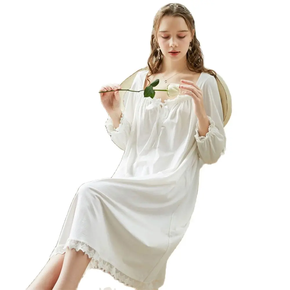 

YUEY Long sleeve nightdress women cotton spring summer palace style princess retro lace homewear loose sleepskirt nightgown