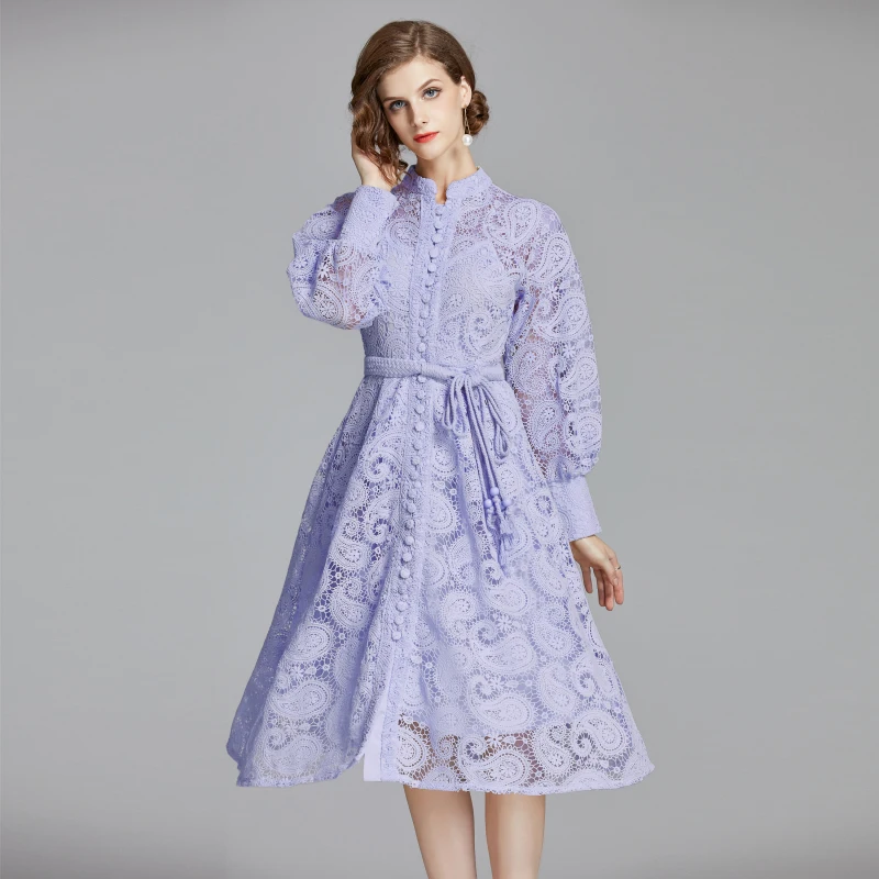 

New Spring Autumn Dress Women Purple Lace Single Breasted High Waist Dresses Women Vestidos Lantern Sleeve Elegant Party Dress