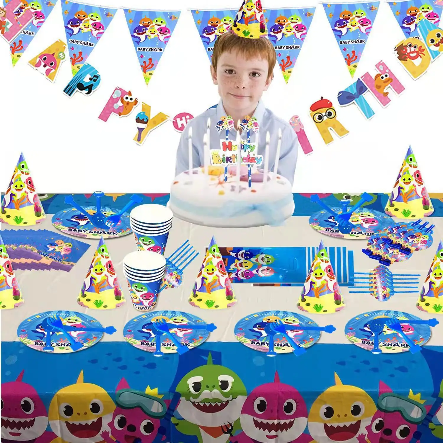 

New Cute Ocean Shark Theme Tableware Baby Balloon Birthday Party Decoration Disposable Paper