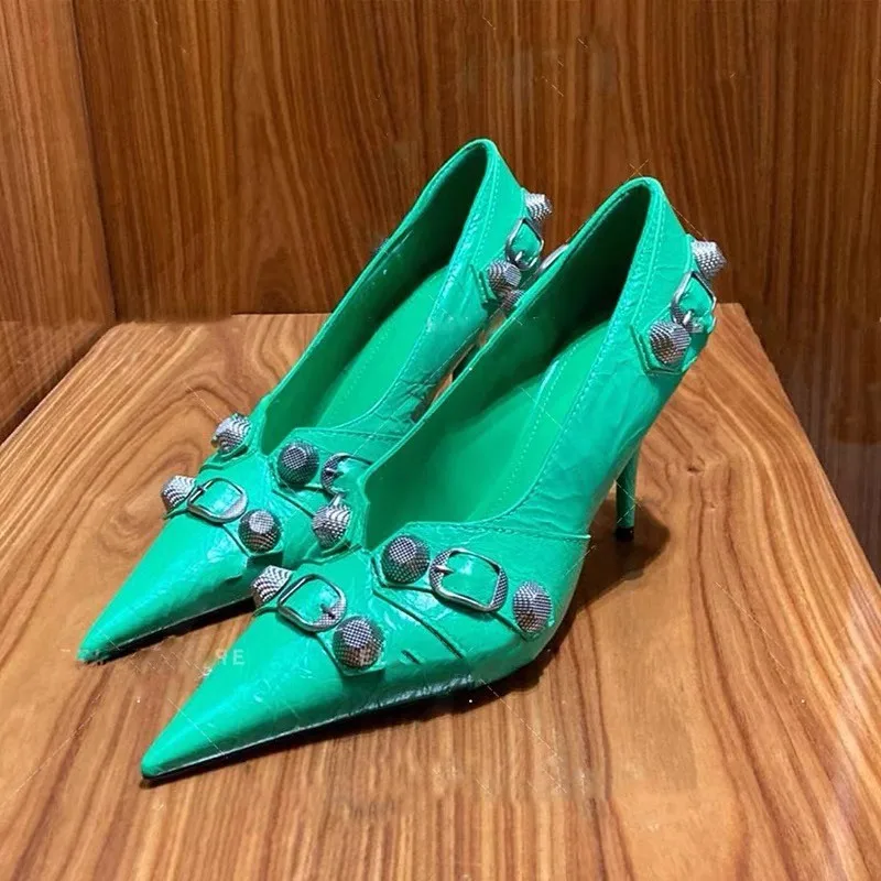 New Pointed Toe Sexy High Heels Female Punk Rivet Stiletto Medium Heel Pumps Slip-On High Heels