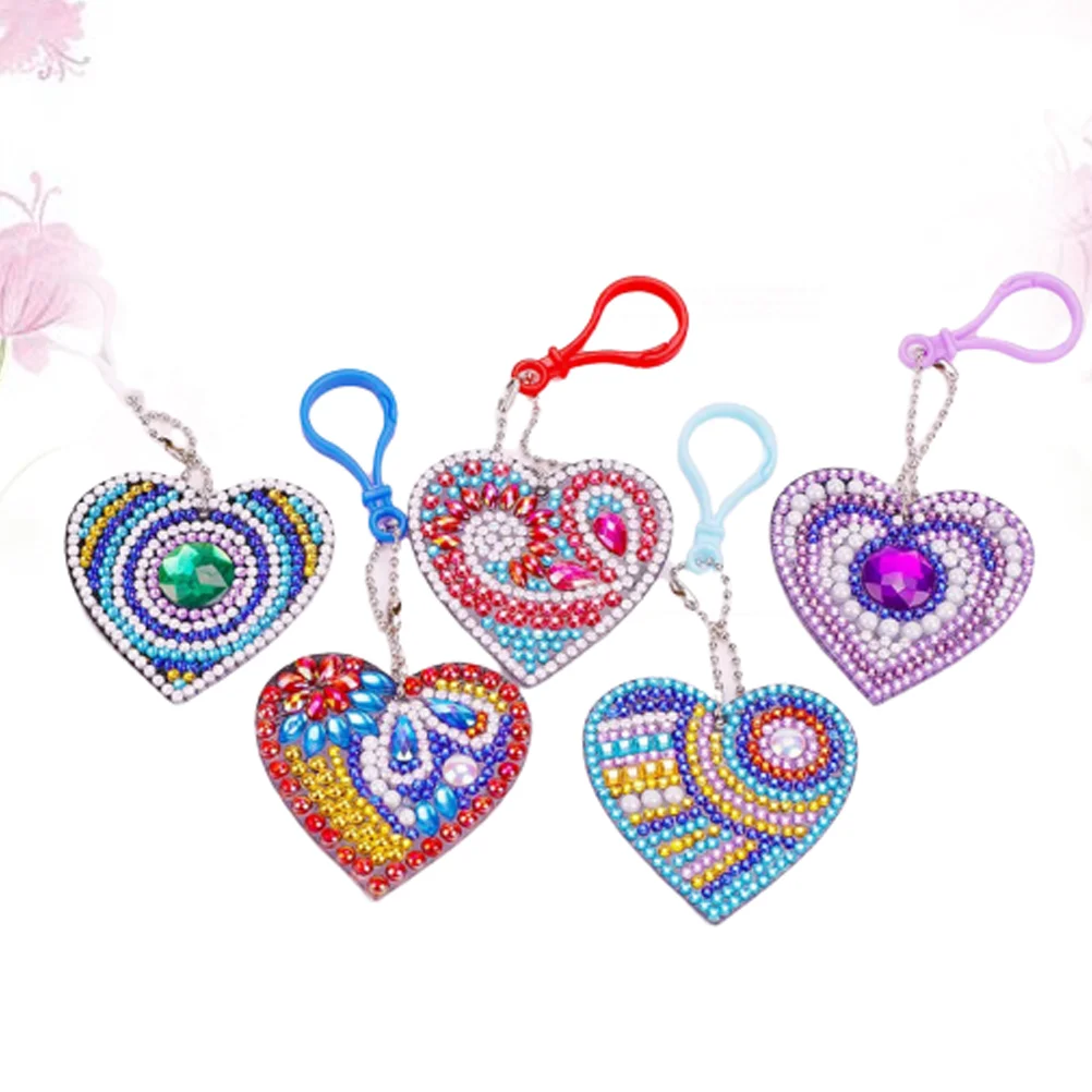 

5PCS Handmade DIY Beads Painting Keychain Fractal Full Drill Heart Shape Pendant for Craft Key Ring Phone Charm Bag Decor