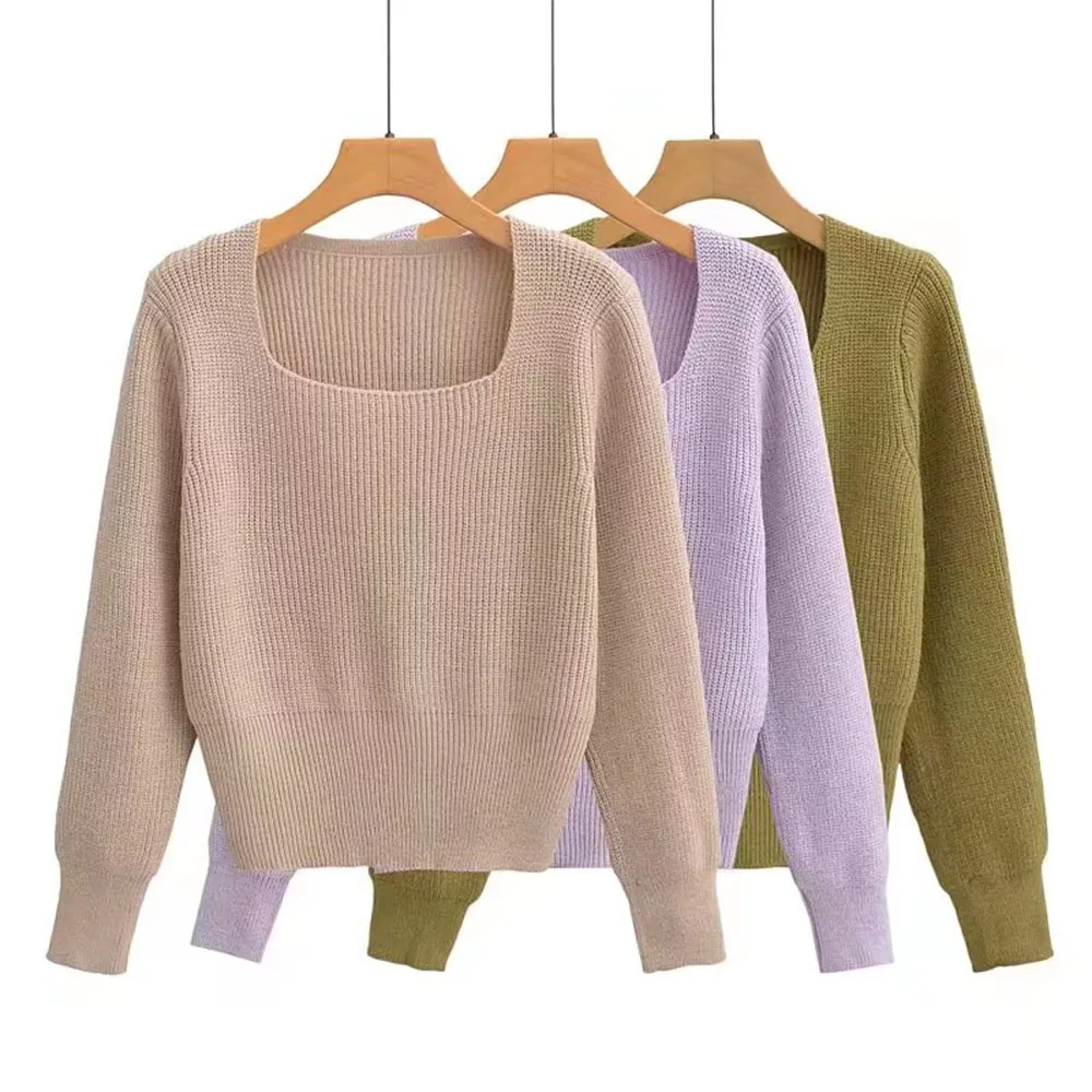 

BER&OYS&ZA2022 Autumn/Winter new women's fashion texture square collar chic knitwear long sleeve sweater