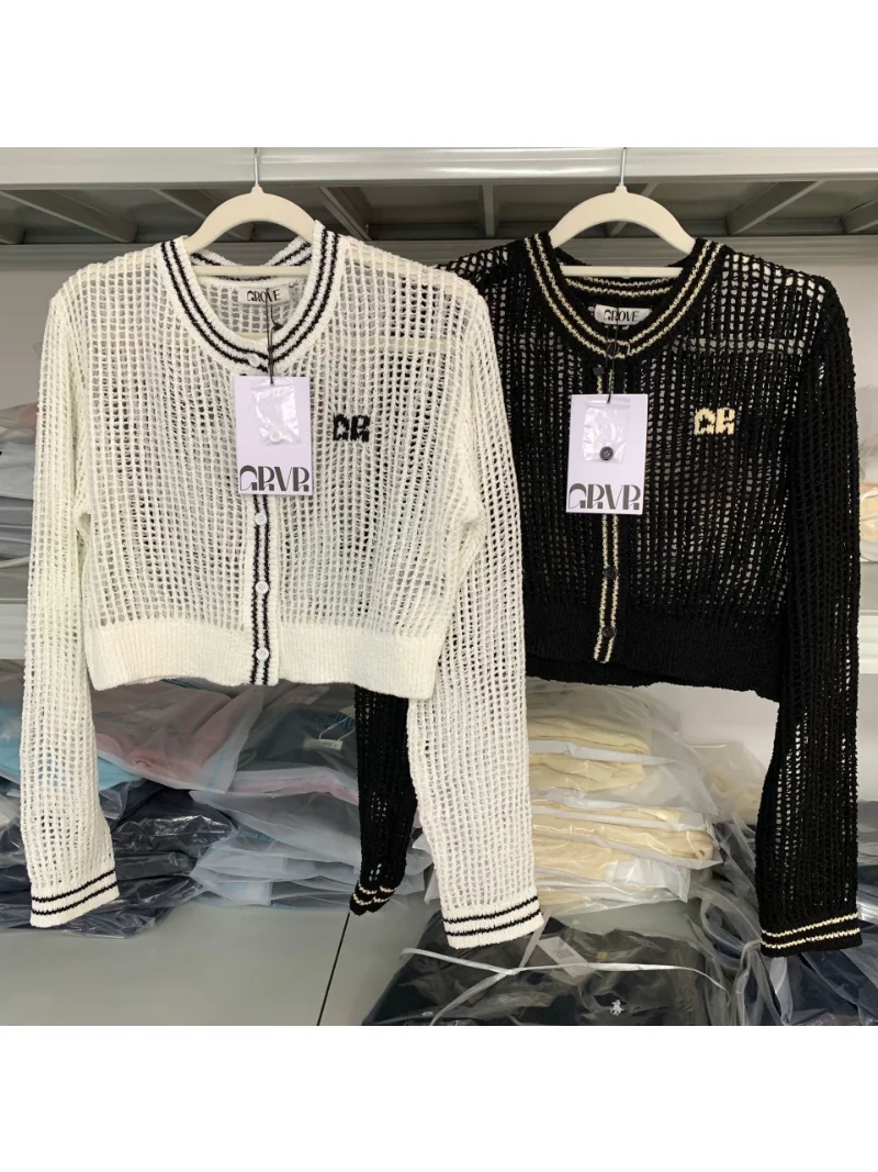 

2023 Spring Fashion Short Knit Cardigan with Cutout Letters and Striped Edges