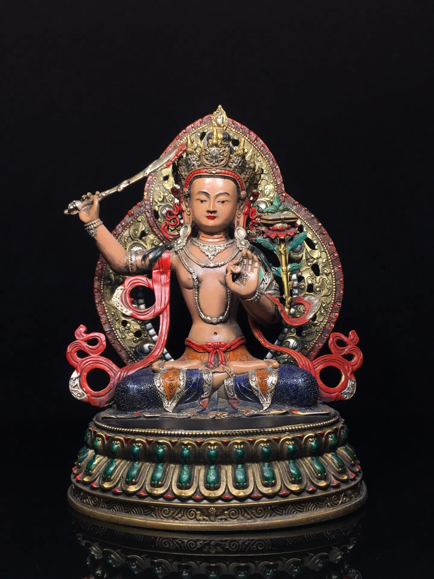 

13"Tibet Temple Collection Old Bronze Painted Backlight Manjushri Bodhisattva Lotus Platform Worship Hall Town house Exorcism