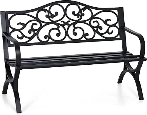 

Cast Iron Steel Frame Bench Outdoor Bench Chair w/Floral Design Backrest, Slatted Seat for Park, Yard & Porch, Black