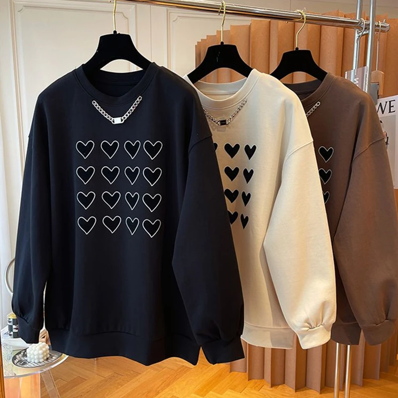 

Новинка, темно-коричневый свитшот с рисунком в виде сердца, Женский крутой пуловер оверсайз для девушек, зимняя одежда, корейская мода, кавайная одежда в стиле Харадзюку