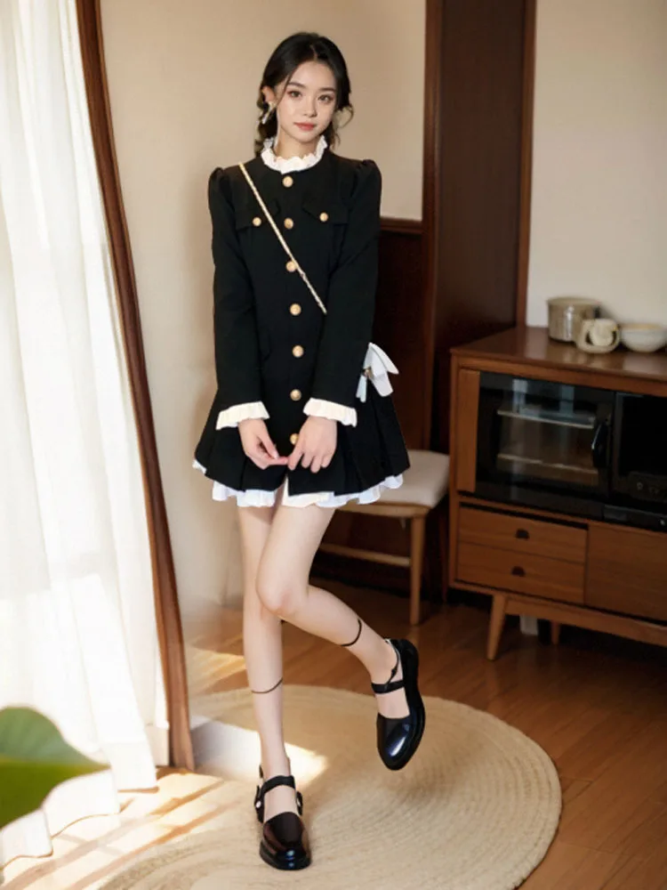 Изящное темно-синее платье в стиле ретро Fujia Qianjin детское осенне-зимнее