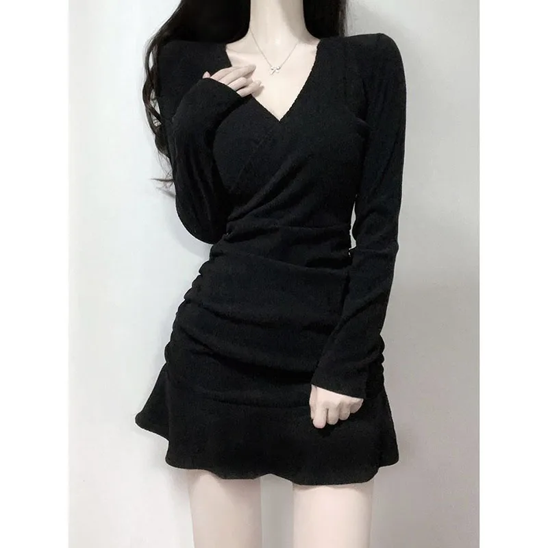 

2023 Autumn French Elegant V-neck Ruffle Dress Edge Black Y2k Mini Caual Long Sleeve Short Party Dress Office Lady Slim Pure Co