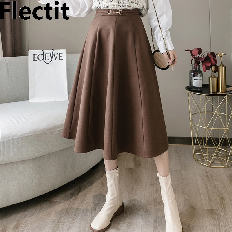 

Flectit Women A Line Midi Skirt With Buckle Front High Waist Paneled Aline Skirt Outfit Elegant Ladies Saia