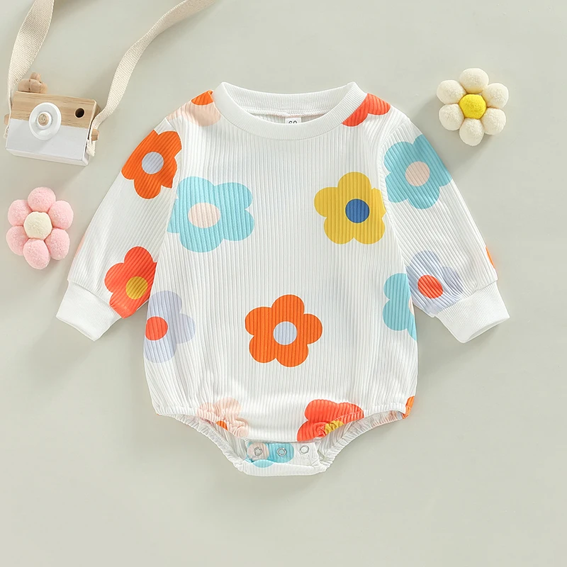 

0-24M Newborn Infant Baby Spring Autumn Jumpsuits Colorful Flora Print Long Sleeve Round Neck Ribbed Rompers for Boys Girls