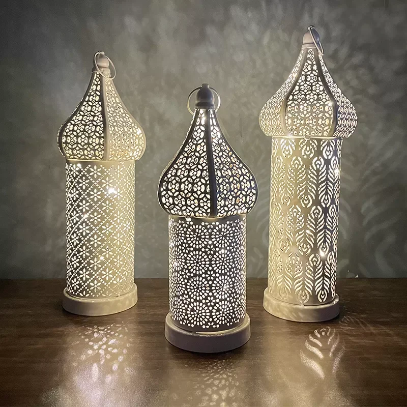 

35CM White Hollow Led Wind Lamp Iron Lantern Home Bedroom Living Room Atmosphere Decorative Lamp Ornaments