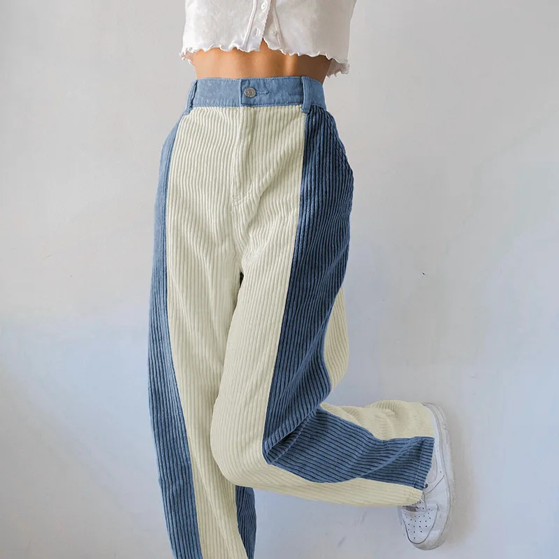

Corduroy Pants Women Blue White Contrast High Waist Patchwork Baggy Trousers Cargo Sweatpants Casual Streetwear Joggers Harajuku