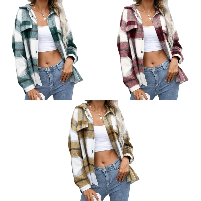 

Женская Осенняя блузка на пуговицах, клетчатая рубашка из искусственной шерсти, Женское пальто, Прямая поставка